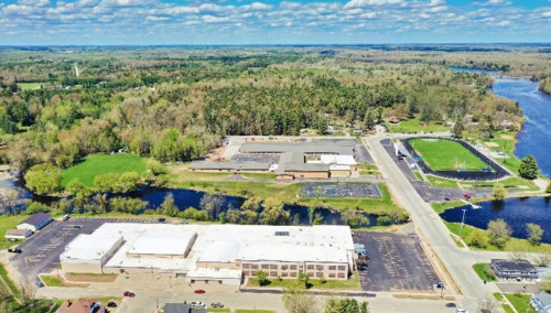 Drone view of Peshtigo School District buildings and grounds